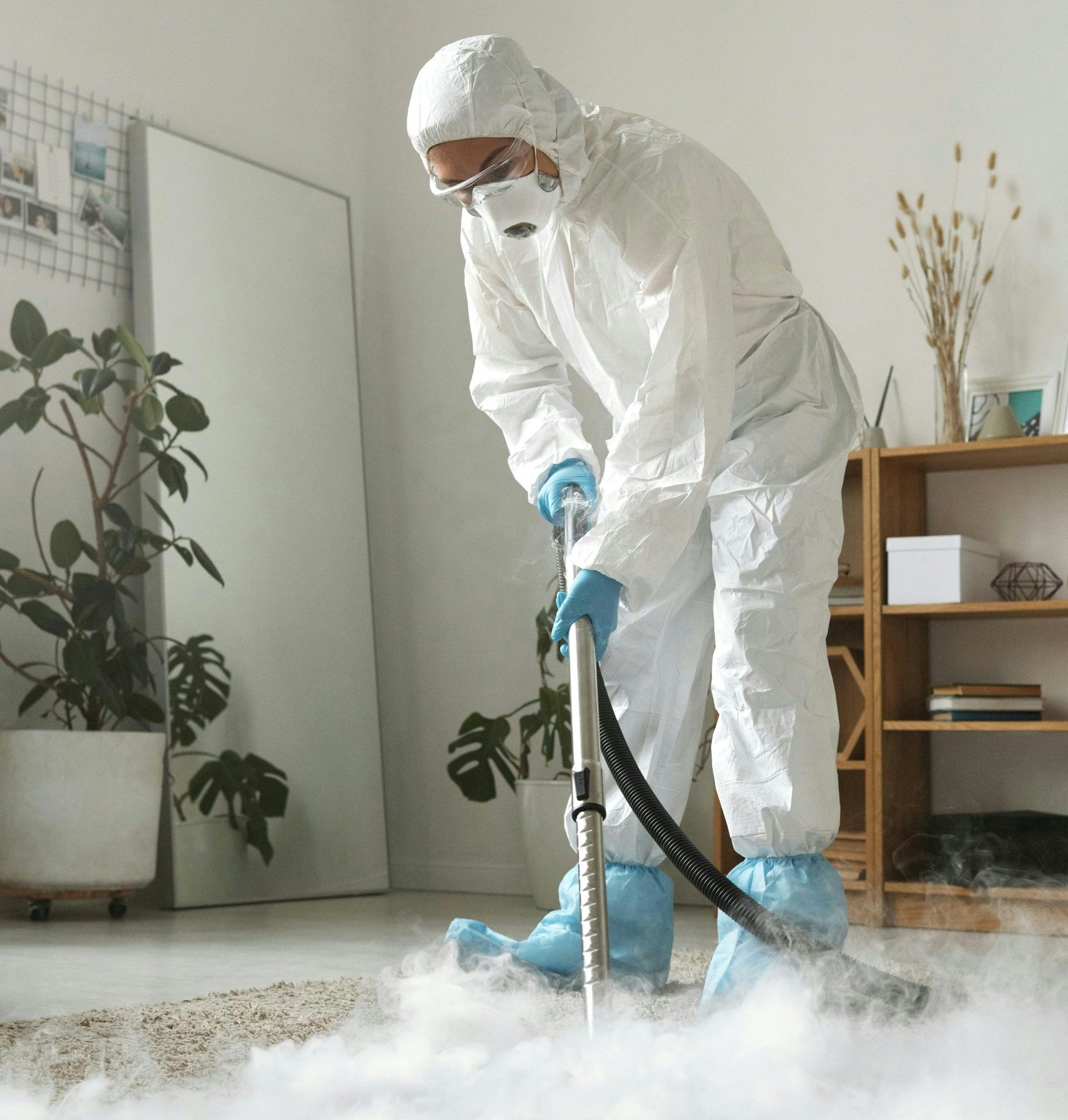 Une personne en combinaison de protection nettoie un tapis.